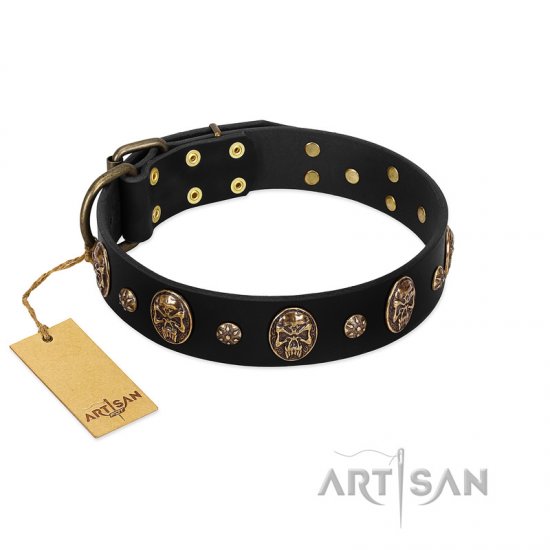 'Pirate's Spell' FDT Artisan Black Leather Dog Collar with Engraved Studs and Medallions