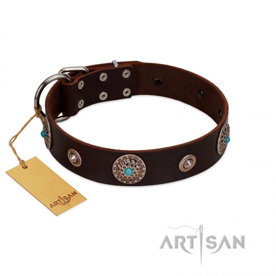 "Magic Stones" FDT Artisan Brown Leather Dog Collar with Chrome Plated Brooches and Studs - Click Image to Close