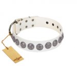 "Bohemian Spirit" Handmade FDT Artisan White Leather Dog Collar with Vintage Decorations