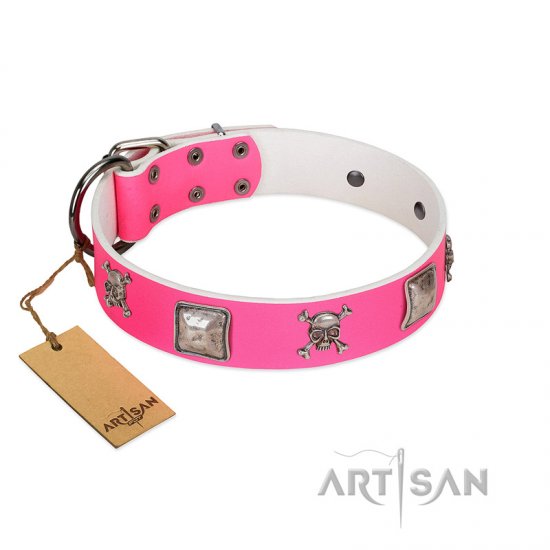 "Rosy Charisma" Designer Handmade FDT Artisan Pink Leather Dog Collar - Click Image to Close