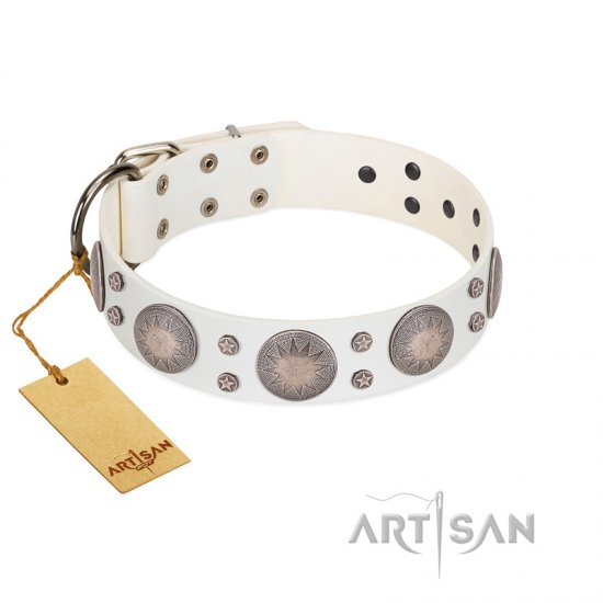 "Mystic Sunset" Designer FDT Artisan White Leather Dog Collar with Studs - Click Image to Close