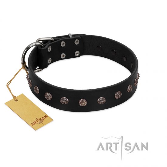 "Flower Rhapsody" FDT Artisan Premium Quaulity Black Leather Dog Collar - Click Image to Close