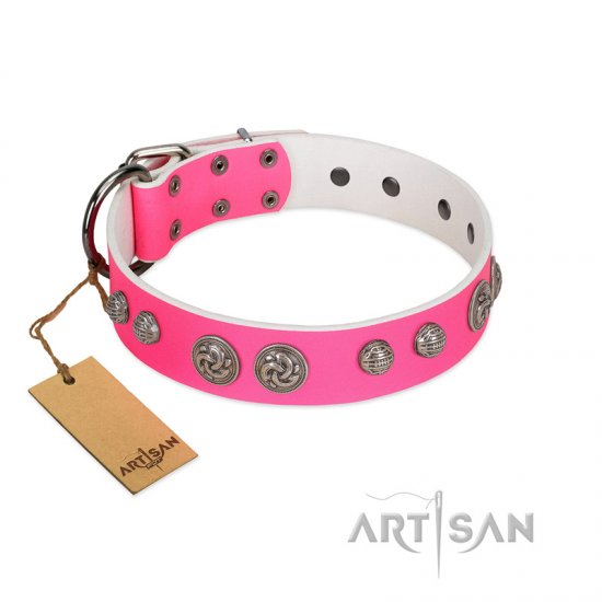 "Silver Drops" Designer Handmade FDT Artisan Pink Leather Dog Collar - Click Image to Close