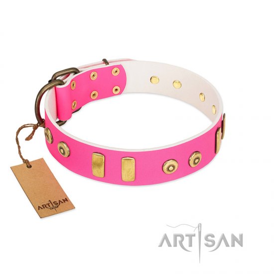 "Prim'N'Proper" Handmade FDT Artisan Pink Leather Dog Collar with Old Bronze-like Dotted Studs and Tiles