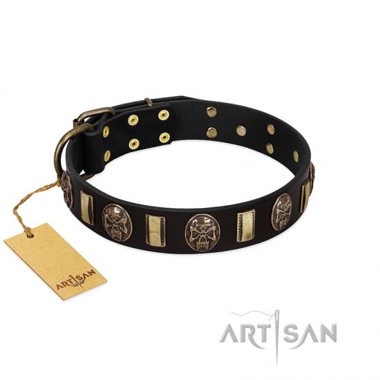 "Sea Romance" FDT Artisan Black Leather Dog Collar with Plates and Skulls - Click Image to Close