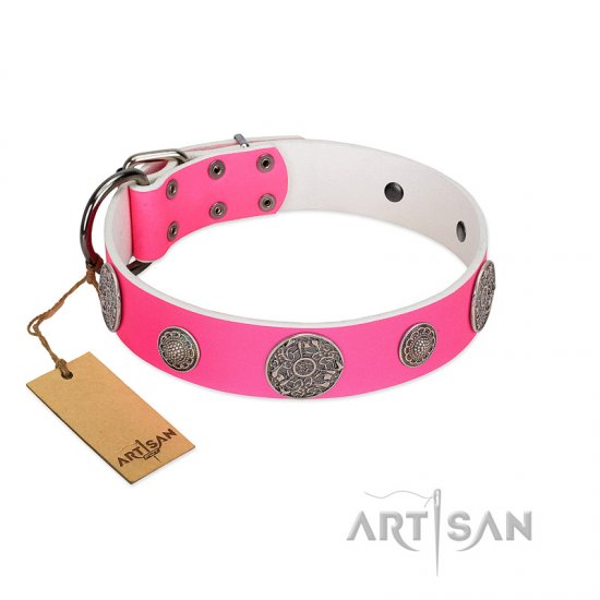 "Pink Elegance" Designer Handmade FDT Artisan Pink Leather Dog Collar - Click Image to Close