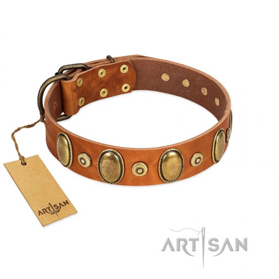 "Crystal Sand" FDT Artisan Tan Leather Collar with Vintage Looking Oval and Round Studs