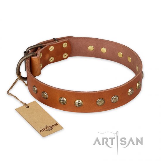 'Spring Flavor' FDT Artisan Adorned Leather Dog Collar with Old Bronze-Plated Engraved Studs 1 1/2 inch (40 mm) Wide - Click Image to Close