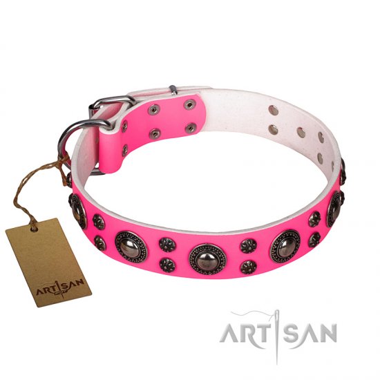 ‘Rich Berry’ FDT Artisan Extravagant Pink Leather Dog Collar with Decorations - Click Image to Close