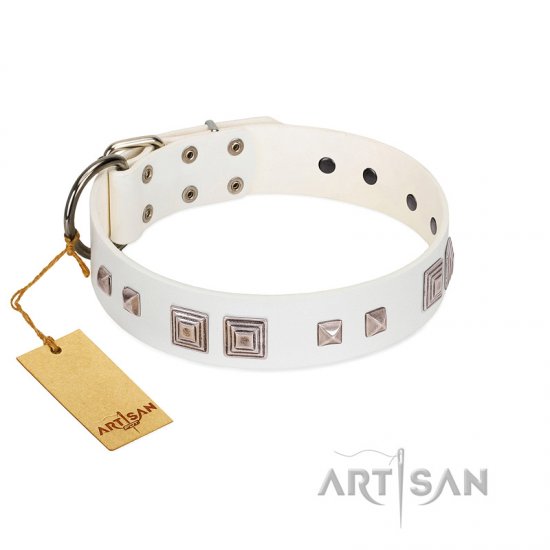 "Pure Quadratic" Designer Handmade FDT Artisan White Leather Dog Collar - Click Image to Close