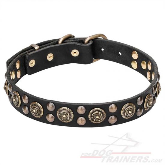 "Boho Style" Adorned Leather Dog Collar with Massive Brass Studs - 1 1/4 inch (30 mm) Wide - Click Image to Close