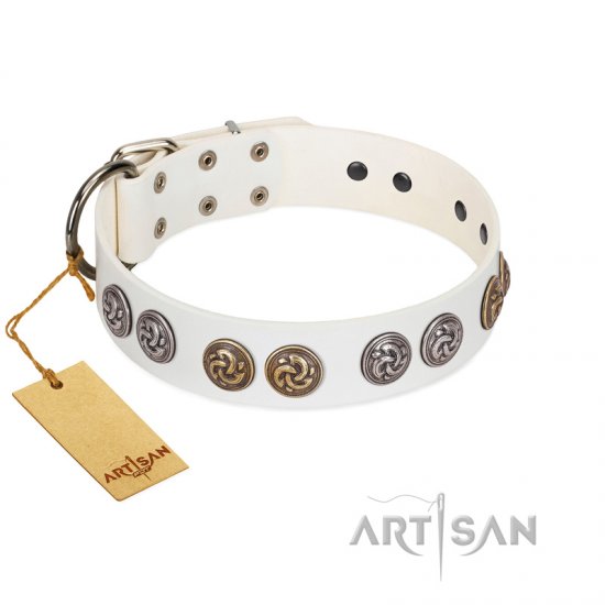 "White Moonlight" FDT Artisan White Leather Dog Collar with Elegant Decorations