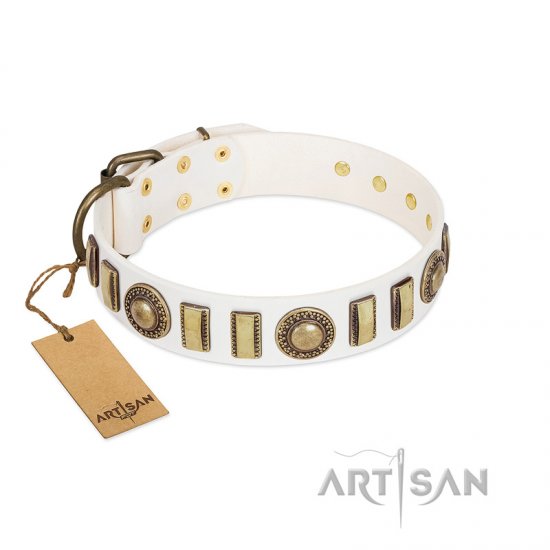 ﻿"Bowwow Finery" FDT Artisan White Leather Dog Collar with Gold-Like Embellishments - Click Image to Close