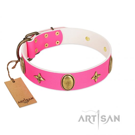 "Fashion Rush" FDT Artisan Pink Leather Dog Collar with Ovals and Stars - Click Image to Close