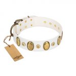 "Pearly Grace" FDT Artisan White Leather Dog Collar with Engraved Ovals and Small Dotted Studs