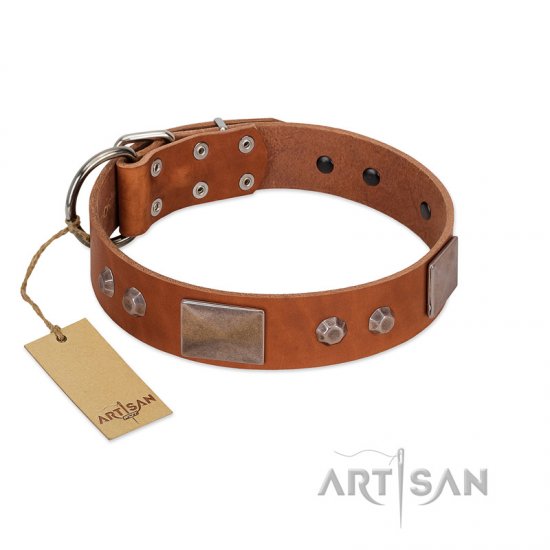 "Great Obelisk" Handcrafted FDT Artisan Tan Leather Dog Collar with Large Plates and Pyramids