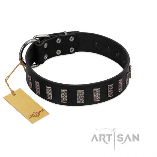 "Black Prince" Handmade FDT Artisan Black Leather Dog Collar with Silver-Like Adornments - Click Image to Close