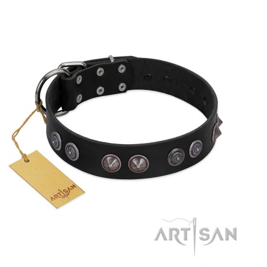 "Silver Medallions" Mod FDT Artisan Black Leather Dog Collar with Round Plates