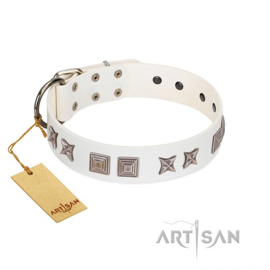 "Mister Perfection" Designer Handmade FDT Artisan White Leather Dog Collar - Click Image to Close