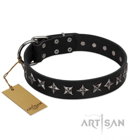 "Lights-out" FDT Artisan Black Leather Dog Collar with Silver-like Set of Stars - Click Image to Close