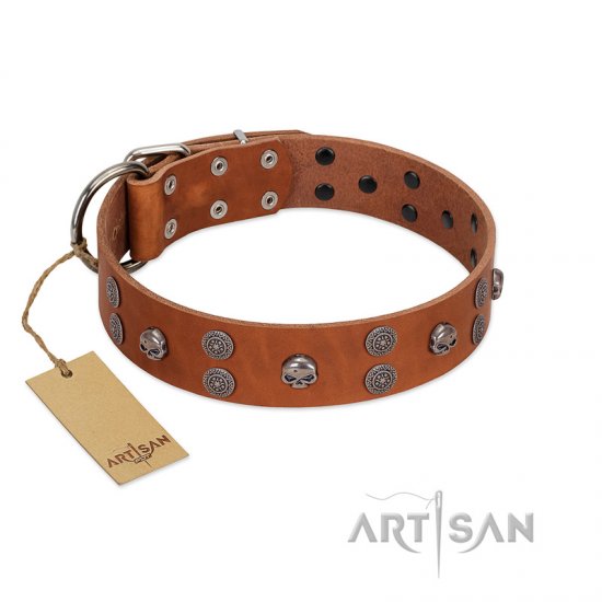 "Road Rider" FDT Artisan Tan Leather Dog Collar with Old Silver-like Skulls and Medallions