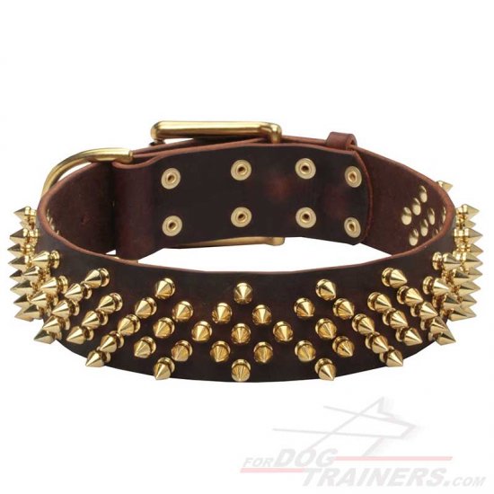 'Pricky Pet' Leather Dog Collar with Brass-Plated Spikes Set in Waves - Click Image to Close