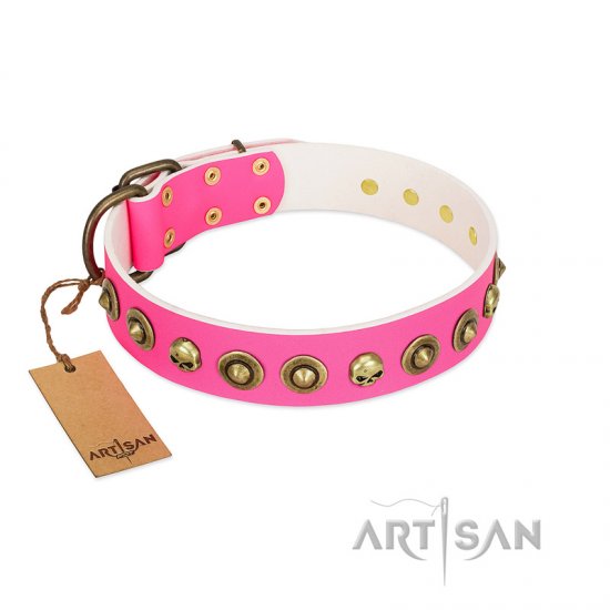 "Pawty Time" FDT Artisan Pink Leather Dog Collar with Decorative Skulls and Brooches - Click Image to Close