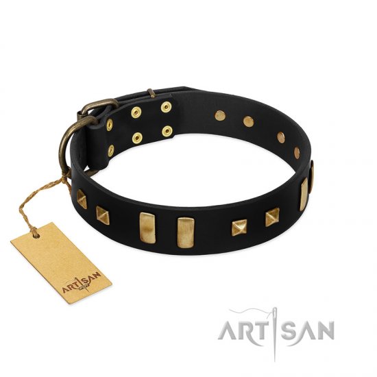 "Fit for Royalty" FDT Artisan Black Leather Dog Collar with Plates and Small Square Studs - Click Image to Close