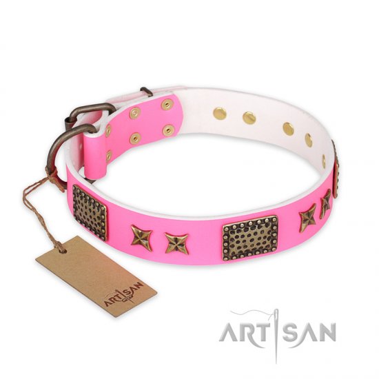 ‘Tender Pink’ FDT Artisan Leather Dog Collar with Old Bronze Look Stars and Plates - 1 1/2 inch (40 mm) wide - Click Image to Close