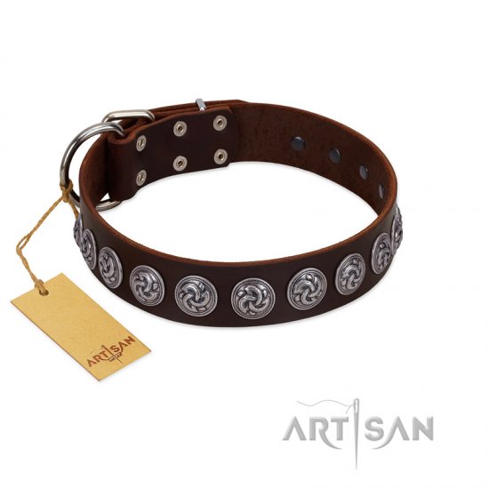 "Charming Circles" FDT Artisan Brown Leather Dog Collar with Silver-like Studs - Click Image to Close