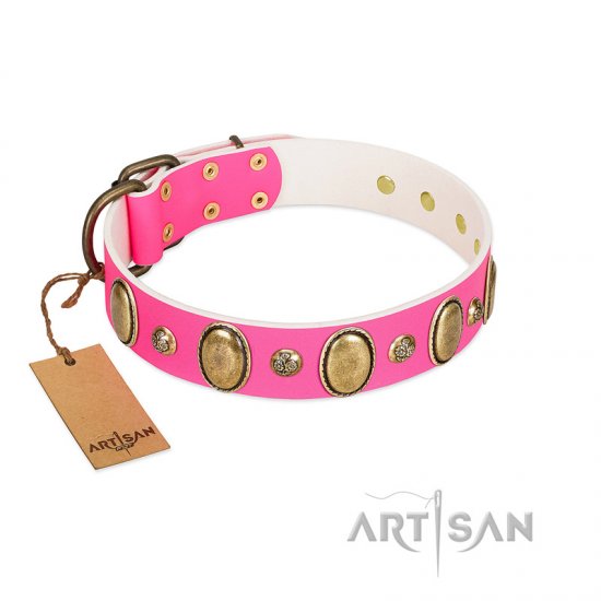 "Roseate Dawn" FDT Artisan Pink Leather Collar with Vintage Looking Oval and Round Adornments - Click Image to Close