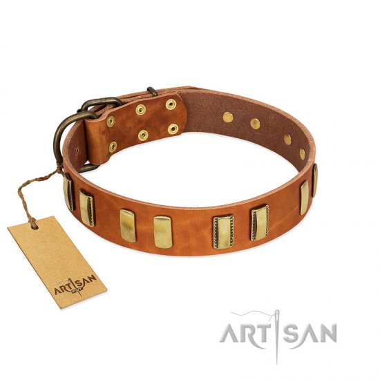 "Olive Slice" FDT Artisan Tan Leather Dog Collar with Engraved and Smooth Plates - Click Image to Close