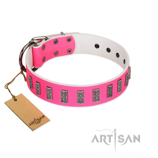 "Pink Necklace" Handmade FDT Artisan Pink Leather Dog Collar with Silver-Like Decorations