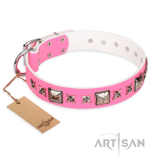 ‘Lady in Pink’ FDT Artisan Extravagant Leather Dog Collar with Studs - Click Image to Close