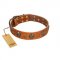 "Rockstar" FDT Artisan Tan Leather Dog Collar with Engraved Studs and Medallions