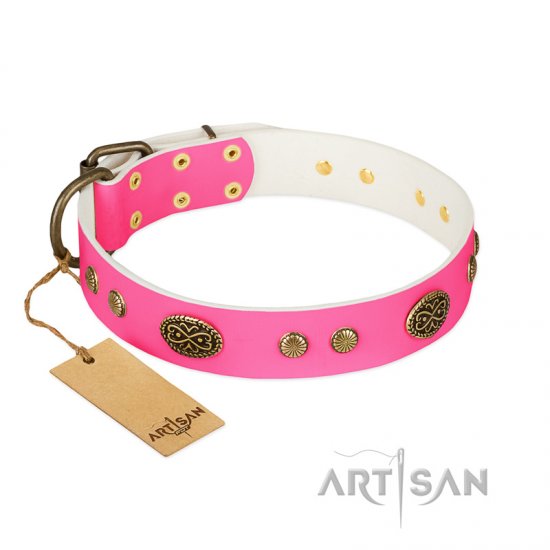 'Twinkle Pink' FDT Artisan Pink Leather Dog Collar with Old Bronze Look Plates and Circles - 1 1/2 inch (40 mm) wide