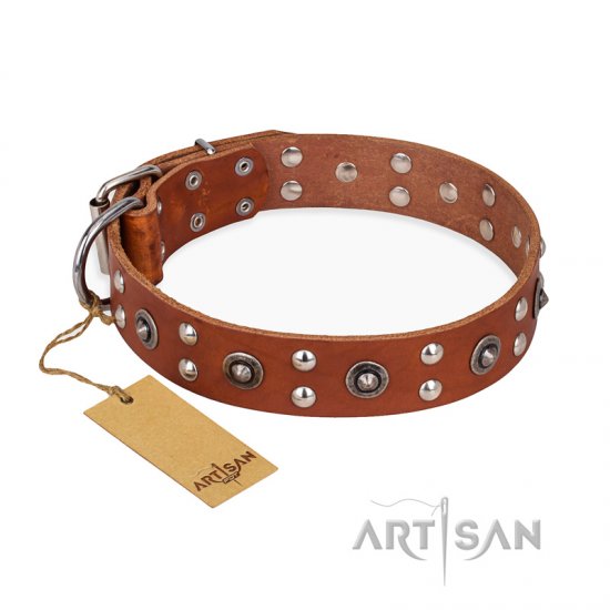 'Silver Elegance' FDT Artisan Decorated Leather Dog Collar with Old Silver-Like Plated Studs and Cones 1 1/2 inch (40 mm) Wide - Click Image to Close