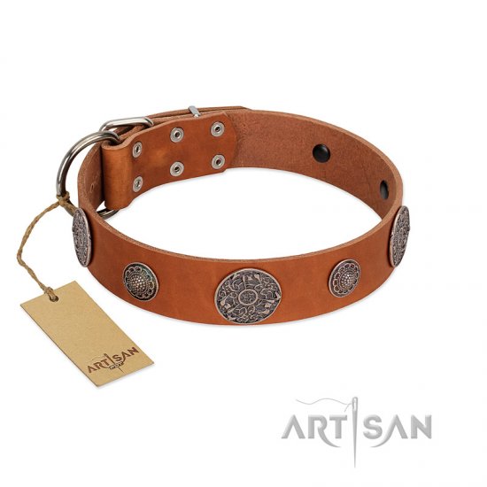 "Foxy Nature" FDT Artisan Tan Leather Dog Collar with Chrome Plated Brooches - Click Image to Close