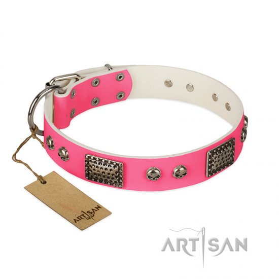 'Fashion Skulls' FDT Artisan Pink Leather Dog Collar with Old Silver Look Plates and Skulls - 1 1/2 inch (40 mm) wide - Click Image to Close