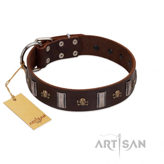 "War Chief" FDT Artisan Genuine Brown Leather Dog Collar with Skulls and Plates