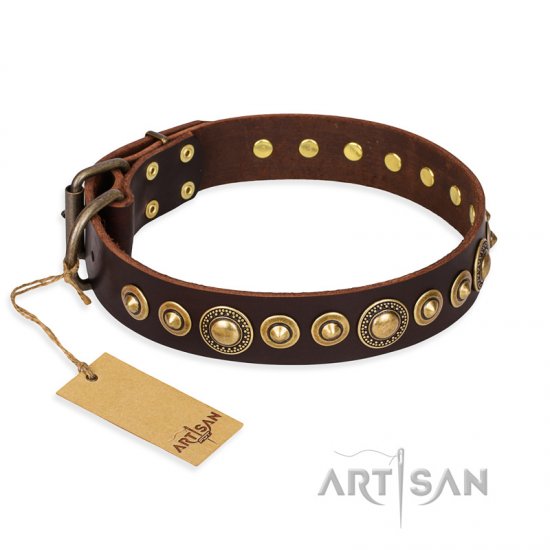 ‘Ancient Warrior’ FDT Artisan Fancy Leather Dog Collar with Old-Bronze Plated Decorations 1 1/2 inch (40 mm) Wide