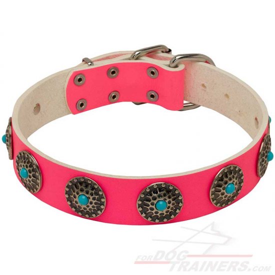 Pink Leather Dog Collar with Studs for Walking - Click Image to Close