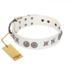 "Galaxy Hunter" FDT Artisan White Leather Dog Collar with Engraved Brooches and Stars