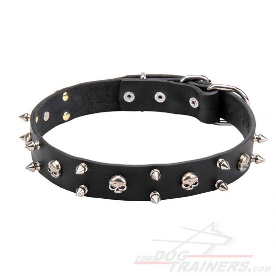 "Jolly Roger" Leather Dog Collar with Skulls and 2 Rows of Spikes - Click Image to Close