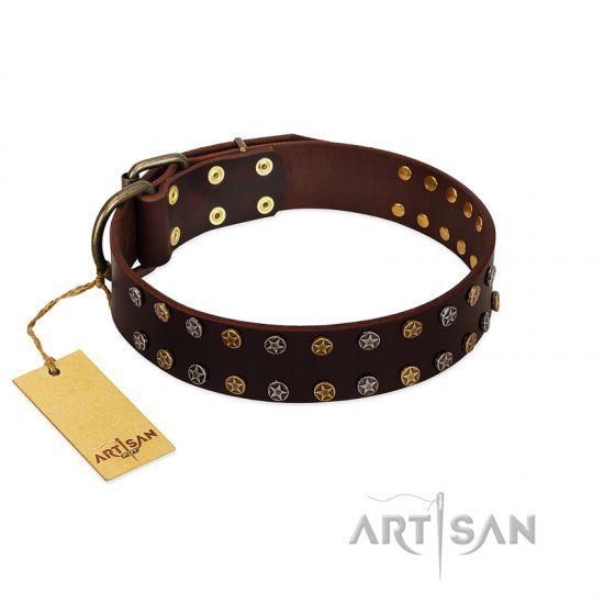 "To the Moon and Back" FDT Artisan Brown Leather Dog Collar with Bronze-like Star Studs - Click Image to Close