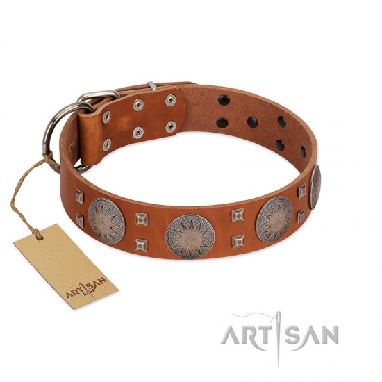 "Sun Rise Noon" FDT Artisan Tan Leather Dog Collar with Unique Design - Click Image to Close