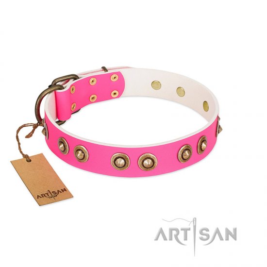 "Bright Delight" Pink FDT Artisan Leather Dog Collar with Large Old Bronze-like Plated Studs - Click Image to Close