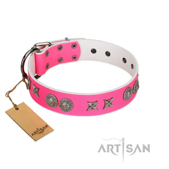 "Striking Fashion" Handmade FDT Artisan Designer Pink Leather Dog Collar with Shields and Stars - Click Image to Close