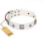 "Vanilla Ice" FDT Artisan Handmade White Leather Dog Collar with Silver-like Adornments