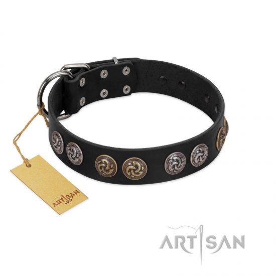 "Powerful Blow" Designer FDT Artisan Black Leather Dog Collar with Medallions